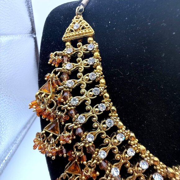 Vintage Indian Bollywood Style Gold Tone Crystal Bib Necklace With Amber Beads – - Picture 8 of 12